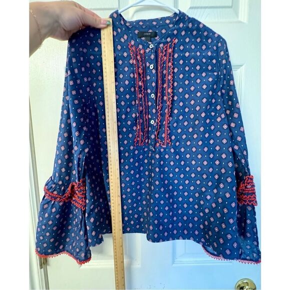 J. Crew Embroidered Blue & Red Long Bell-Sleeve Silk Blend Foulard Top Women's - Picture 8 of 11